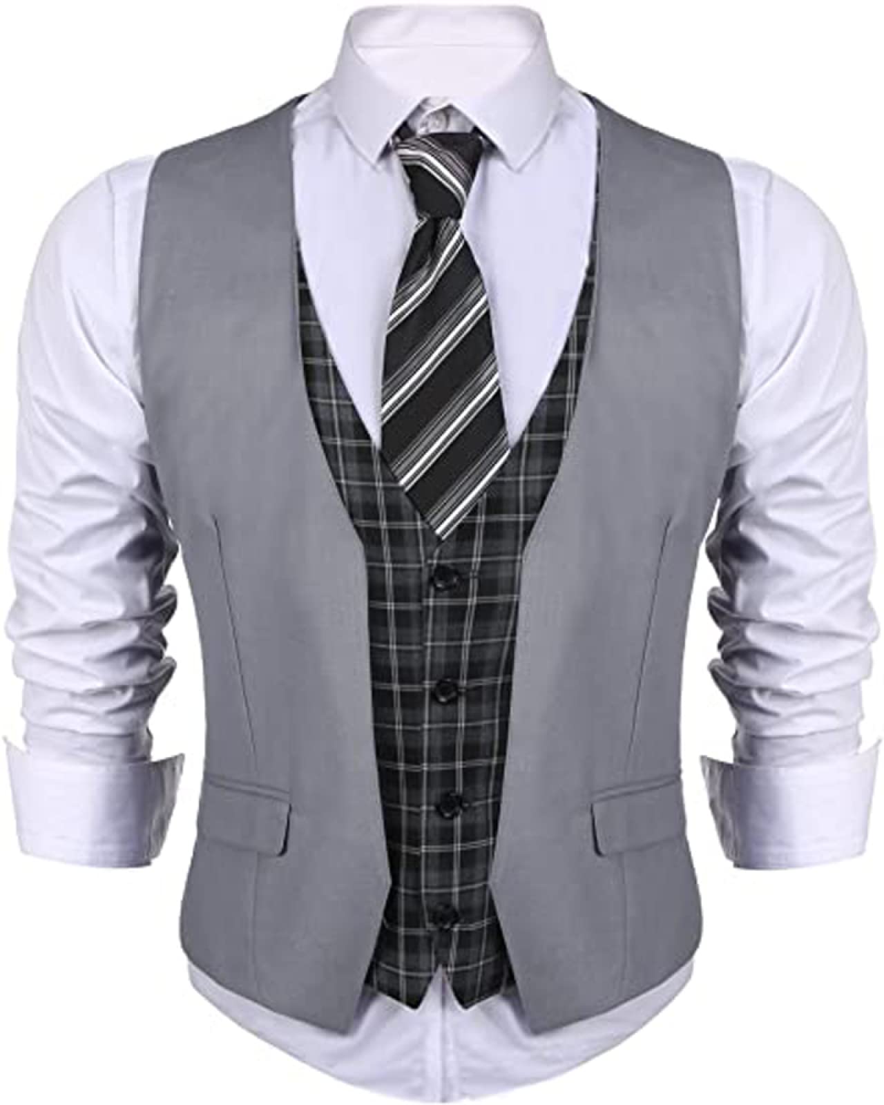 Gilet Abito Formale Uomo - Uomini A Strati Plaid V Neck Suit Vest Classic Single Breasted Sleeveless Waistcoat Wedding Party Plus Size Clothing, Grigio, S