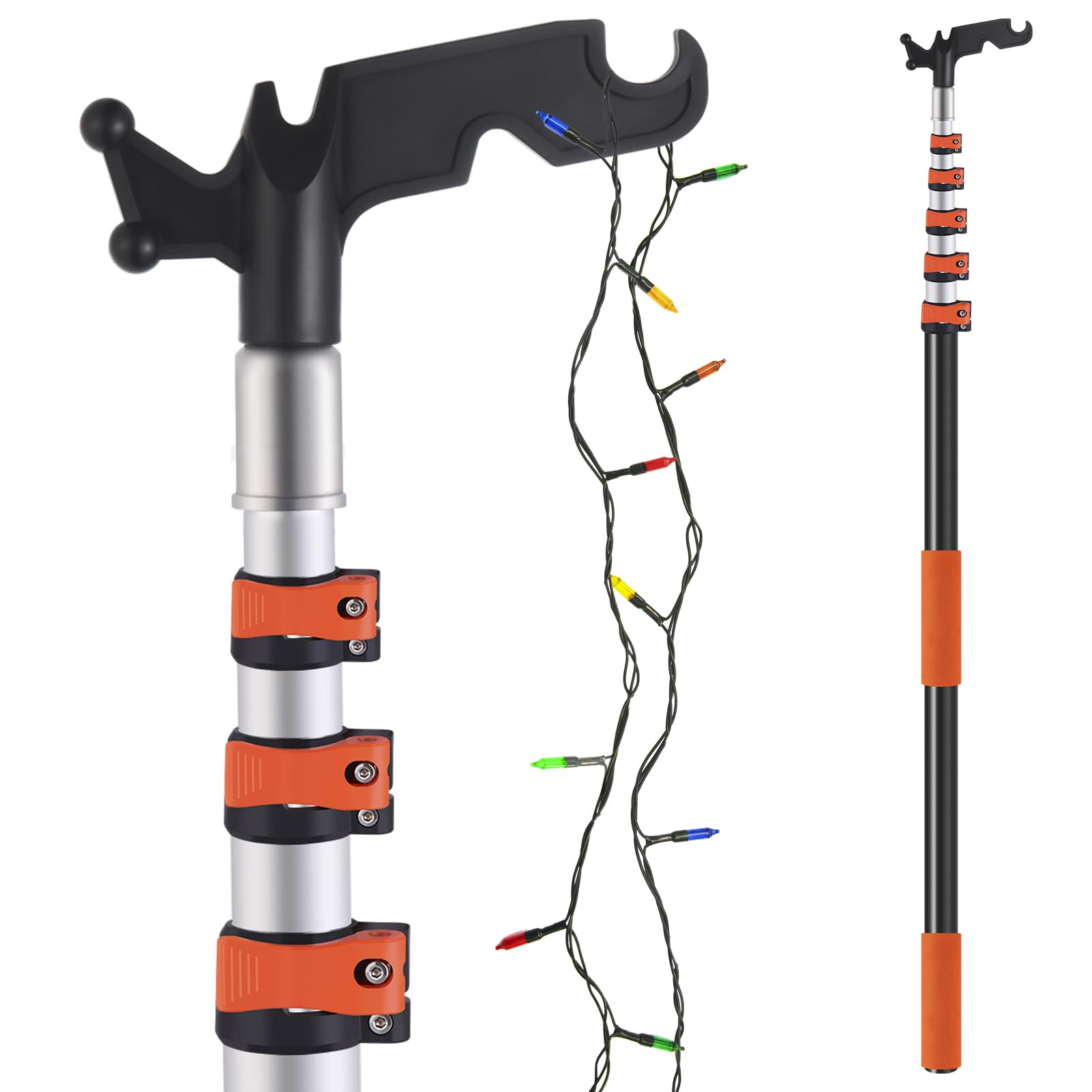 5-24ft Long Telescopic Extension Pole with Utility Hook, Ladderless christmas light pole hanger tool Installing and Hanging String Lights/Birdfeeders, cleaning High Places, Lightweight and Sturdy