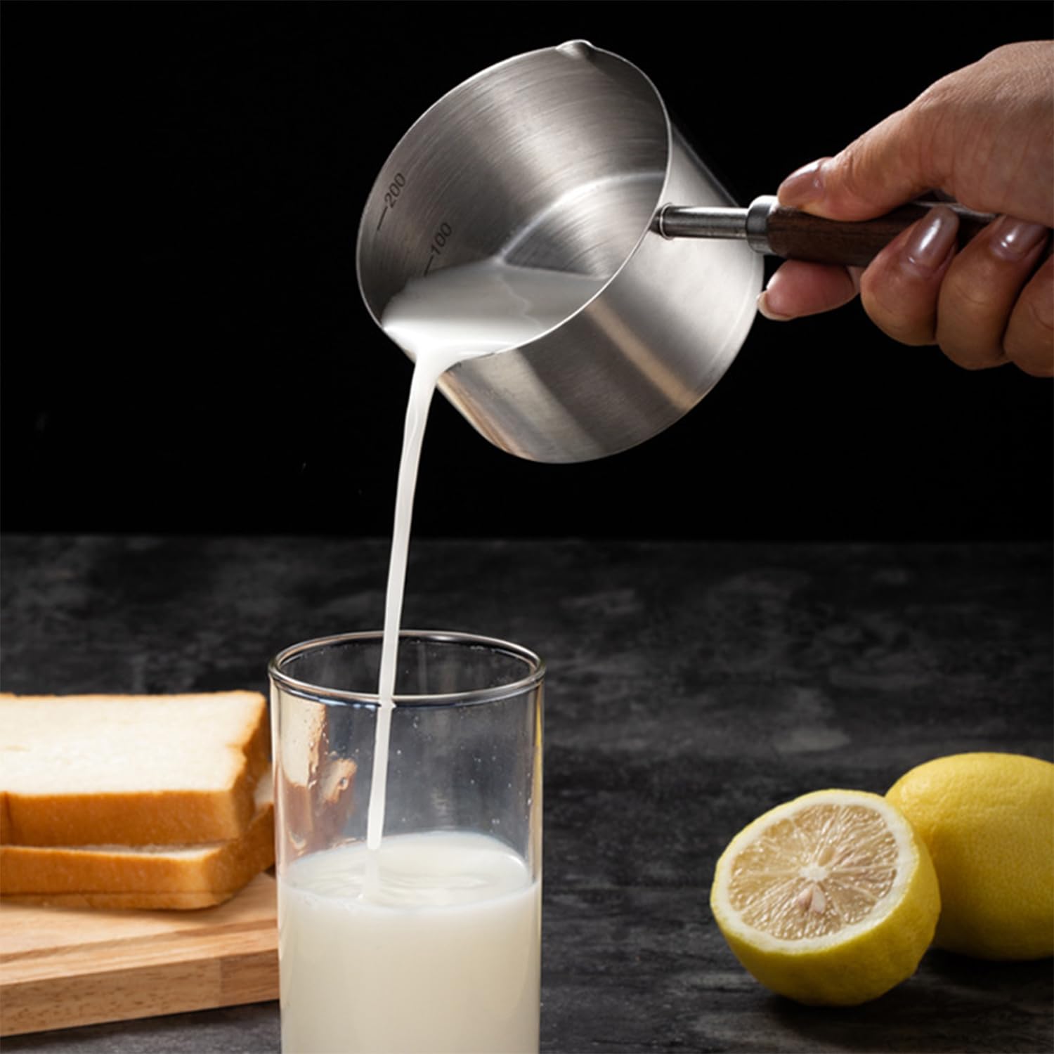 Tissting Pentola per Latte Induzione 200ml Acciaio Inossidabile 304 Pentola Scaldaburro Burro con Manico in Legno, Scaldalatte Diametro, Piccolo caffè Riscaldante Pentolino per Piani di Cottura a Gas