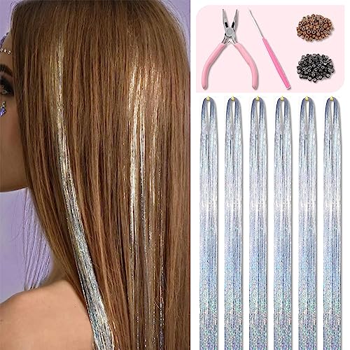 Silver Hair Tinsel Kit 48 Inches 1200 Strands with Tools and Instruction Easy to Install Fairy Glitter Tinsel Hair Extensions for Women and GirlsShinny Sparkling Braiding Hair Accessories for Halloween Cosplay Party