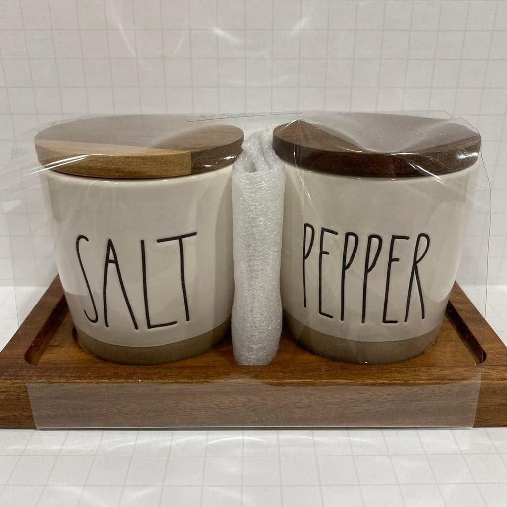 Rae Dunn SALT & PEPPER Cellar with wood lid & Ceramic Tray - Ceramic NEW