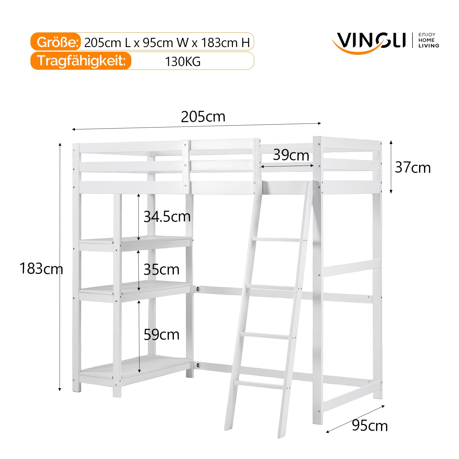 VINGLI Hochbett 90x200 cm, stabiles Kinderbett aus Kiefernholz mit Rausfallschutz und Treppe, 2-in-1 Jugendbett mit 3-stöckigem Regal, Weiß