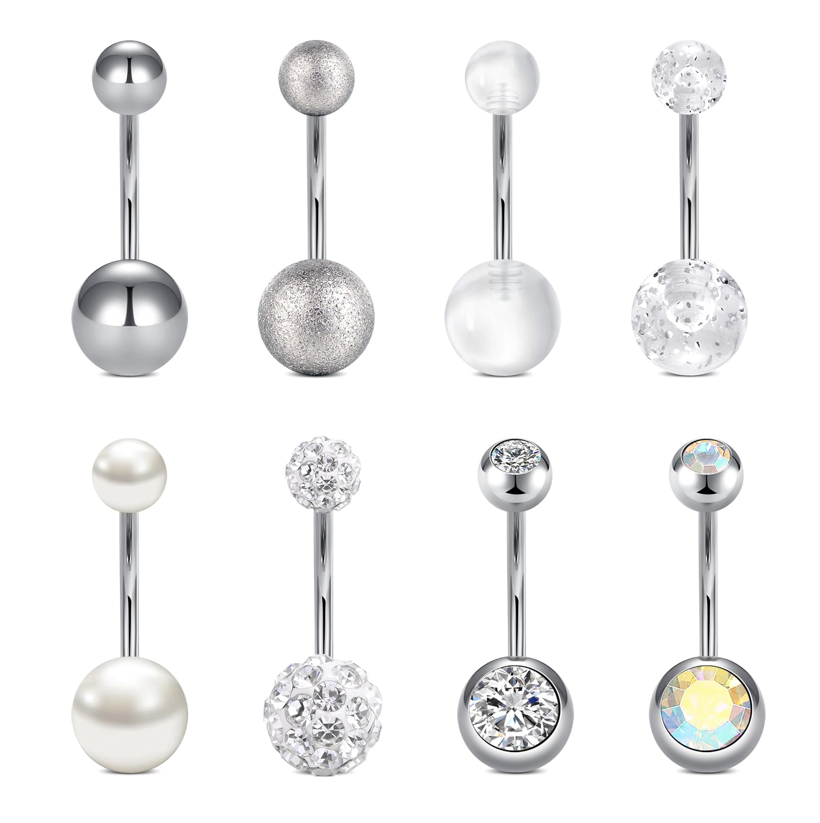 FECTAS 8pcs 14G piercing de ombligo de acero quirúrgico 6/10/12/14 mm set de piercings de ombligo con piedra para mujer Plata Rosa Verde