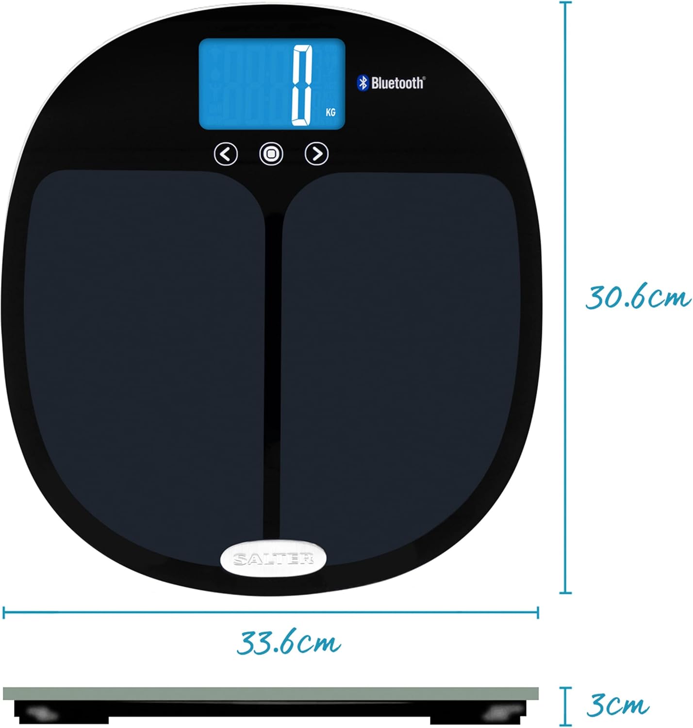 Diagram showing the dimensions of the Salter 9192 BK3R scale: 33.6cm width, 30.6cm length, 3cm height.