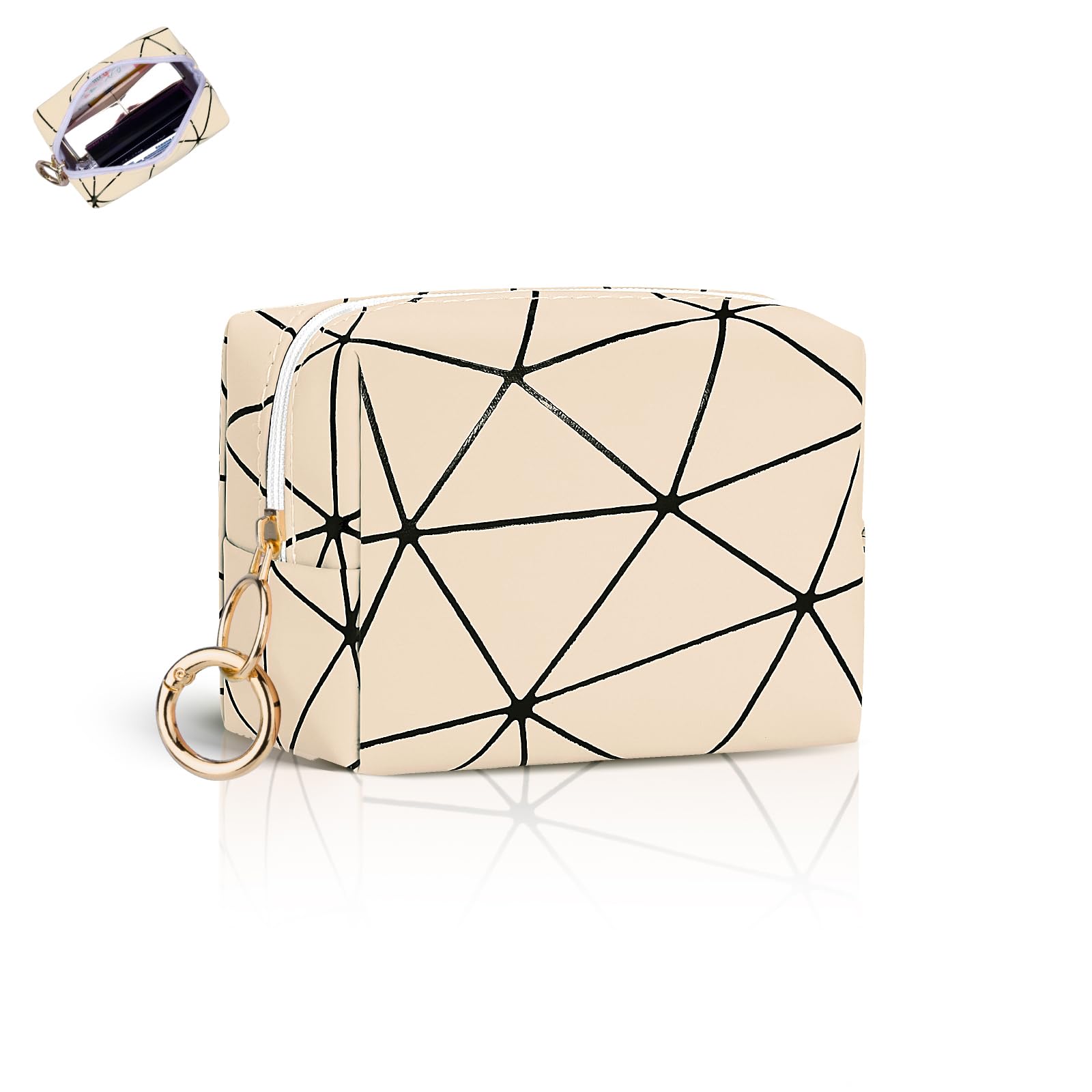 Playexen Mini Makeup Bag, Small Cosmetic Bag for Purse with Ring Buckle, Portable XS Travel Makeup Pouch for Girls Women Daily Use (Beige)