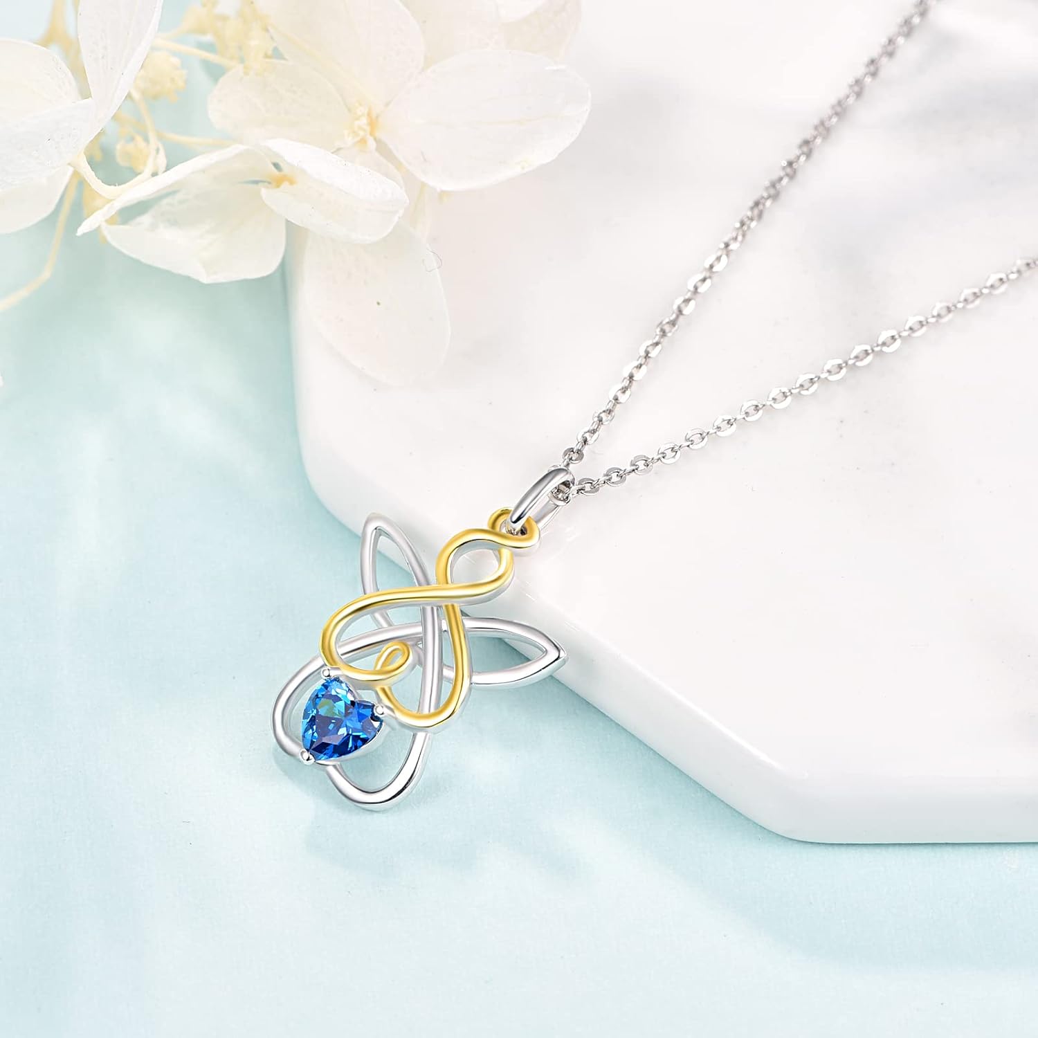 TANGPOET Guardian Angel Necklace for Women 925 Sterling Silver Infinity Love Heart Necklace Created Sapphire Gemstone Jewelry for Her - Image 3