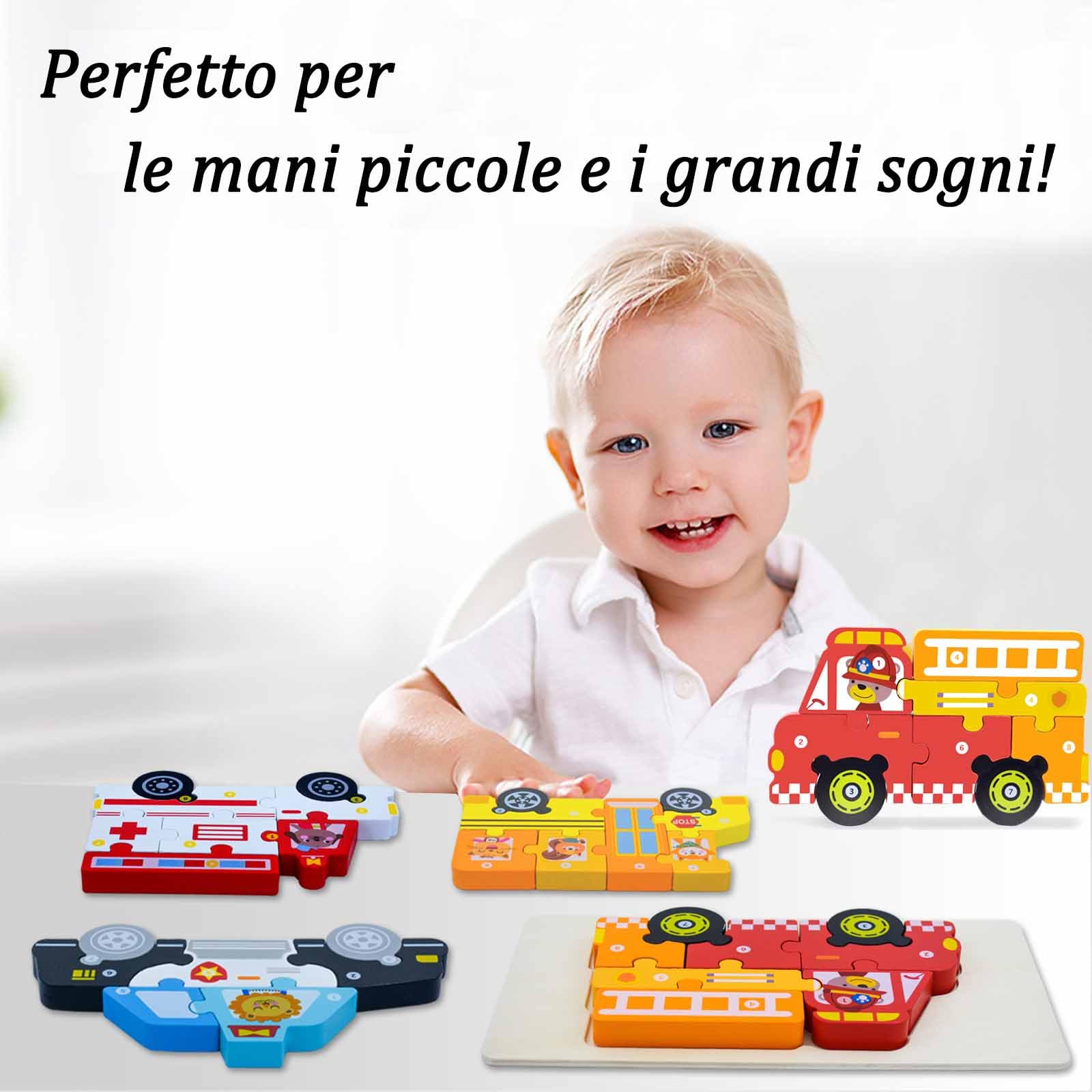 Puzzle in Legno per Bambini 2 3 4 5 Anni, Giocattolo Montessori Educativo, 4 PCS, Auto della Polizia e Auto dei Pompieri, Regalo per Ragazzi