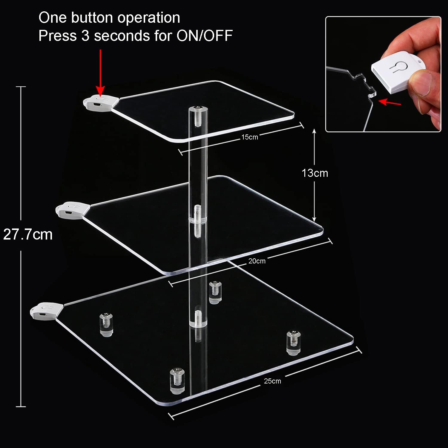 3 Piani Cupcake Stand, Ulifeme LED Ricaricabile Alzata, Supporto per Esposizione di Dolci Trasparente Quadrato, Torre di Cupcakes per Natale, Matrimoni, Anniversari, Feste Prenatalizie e Compleanni