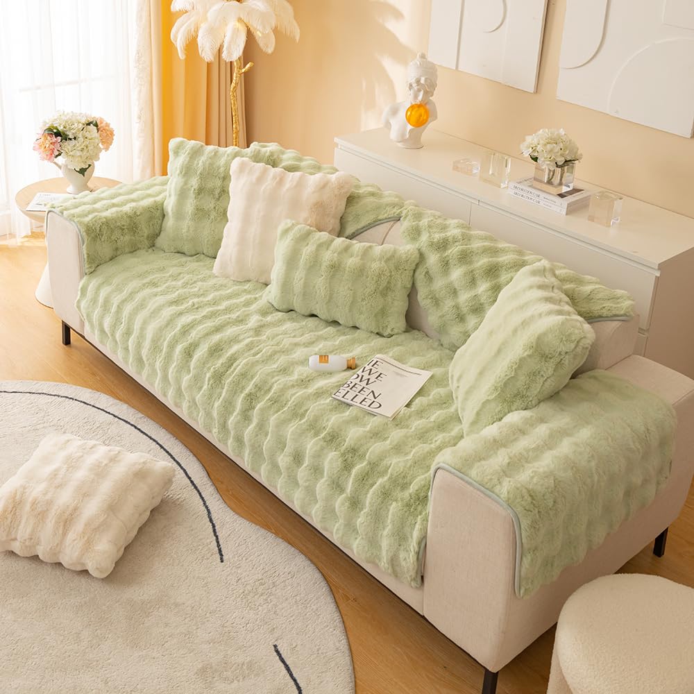 CANYUE Thick Rabbit Plush Sofa Covers, Non-Slip Sofa Slipcovers, Furniture Protector Sofa Covers for 3 Cushion Couch Loveseat Recliner L Shaped Armrest Backrest (Light green,90x180cm) โ image 1