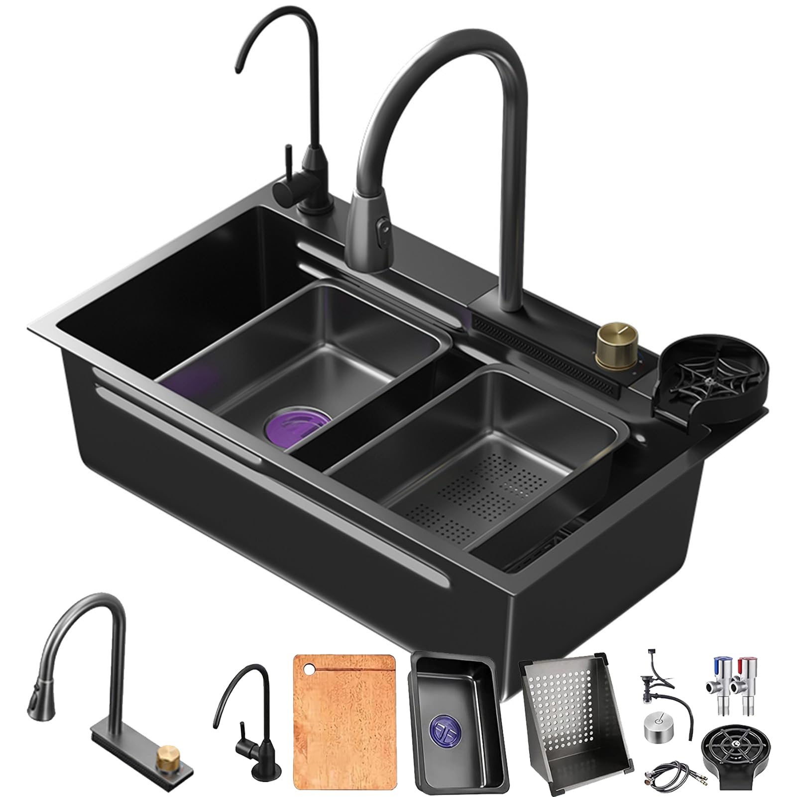ZQFHSX Single Bowl Kitchen Sink, Bar Prep Stainless Steel Farmhouse Workstation Sink Kit With Rainbow Waterfall Faucet And Cup Washer, Easy To Clean (Size : 75x45cm)