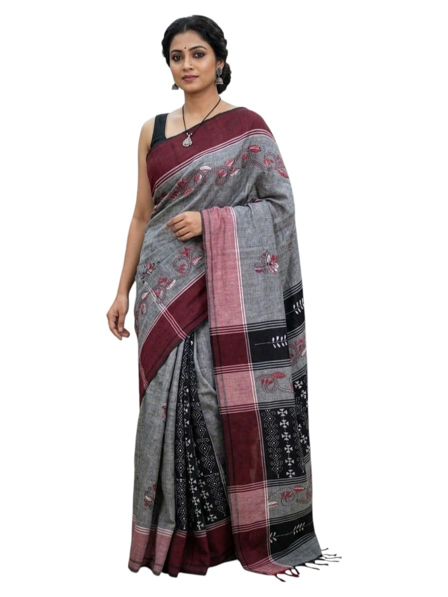 Cotton Saree with Kantha Embroidery, Grey and Maroon-image-25