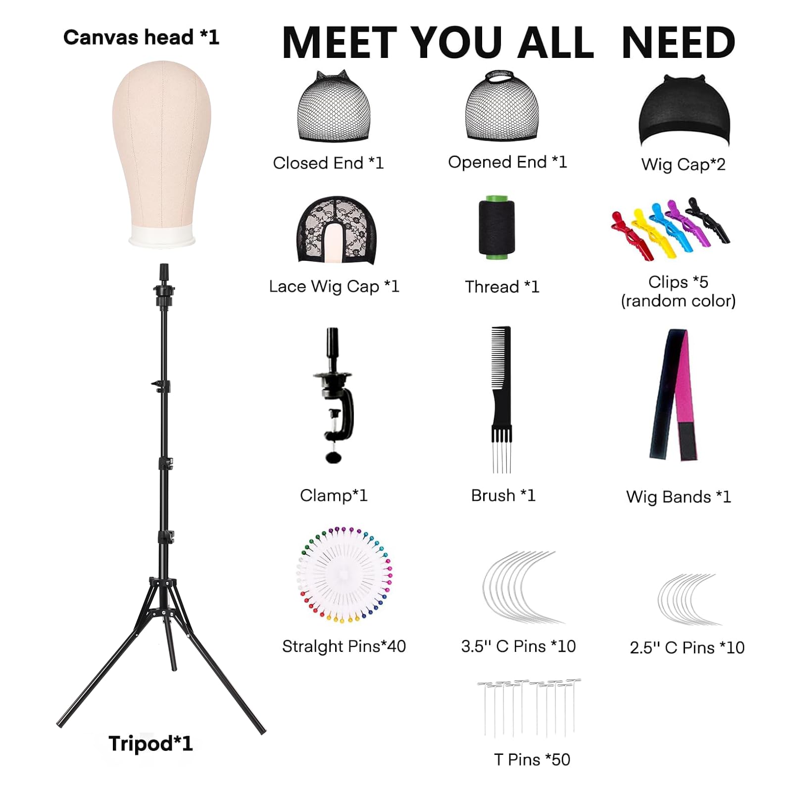 Perückenkopf 22 Inch (55.8cm) Dekokopf mit Perückenständer 160cm, Mannequin Kopf mit Übungskopf Ständer, Tischklammer, T-Stifte, Haarbürste, Beige