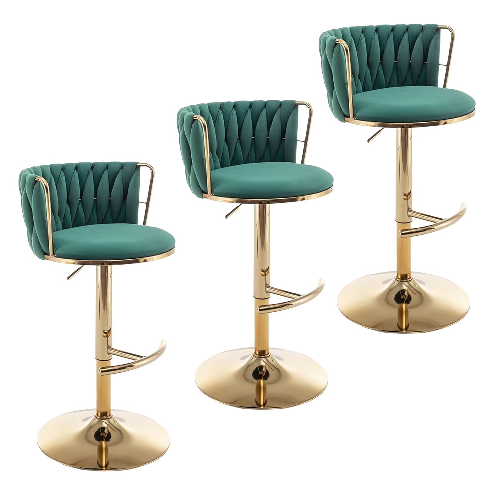 Cinxzar Gold Velvet Bar Stools Set of 3, Swivel Counter Height Bar Stools with Back, Adjustable Woven Barstools for Kitchen Island, Pub, Club (Green)