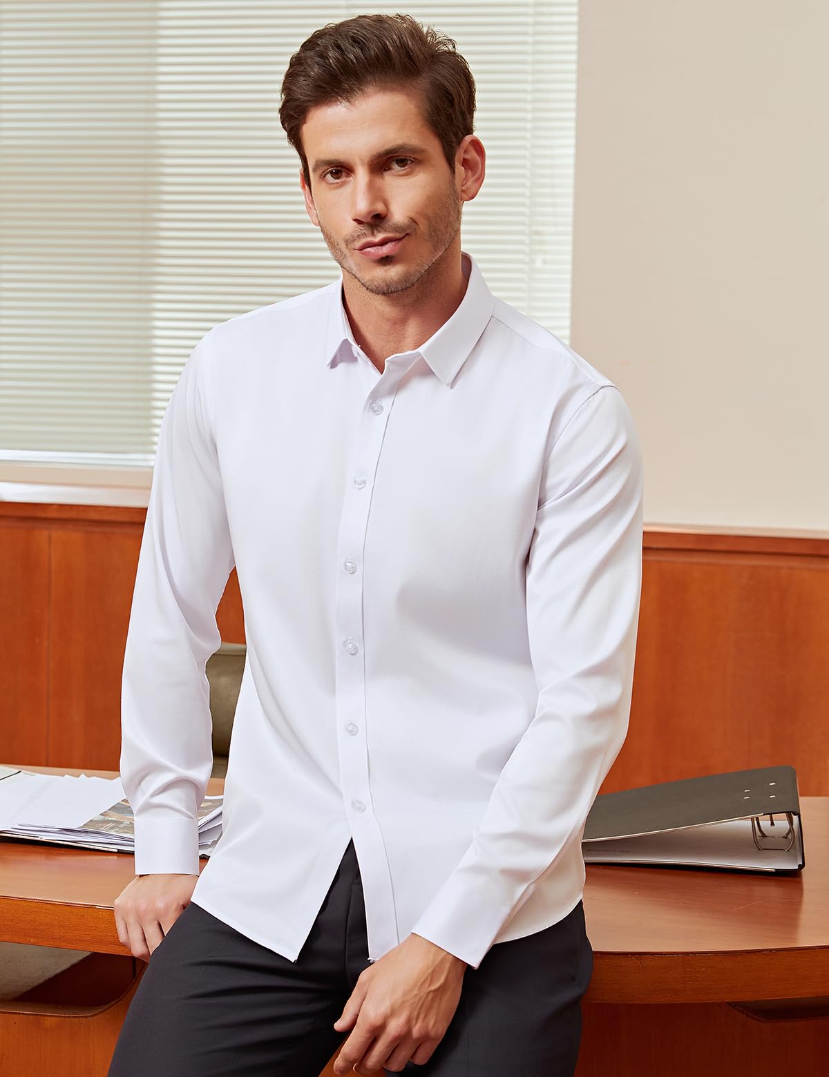 Camicia Uomo No Stiro Manica Lunga - Camicia Elegante da Uomo con Una Lucentezza Tenue, Regular Fit Business Casual, Antipiega con Bottoni
