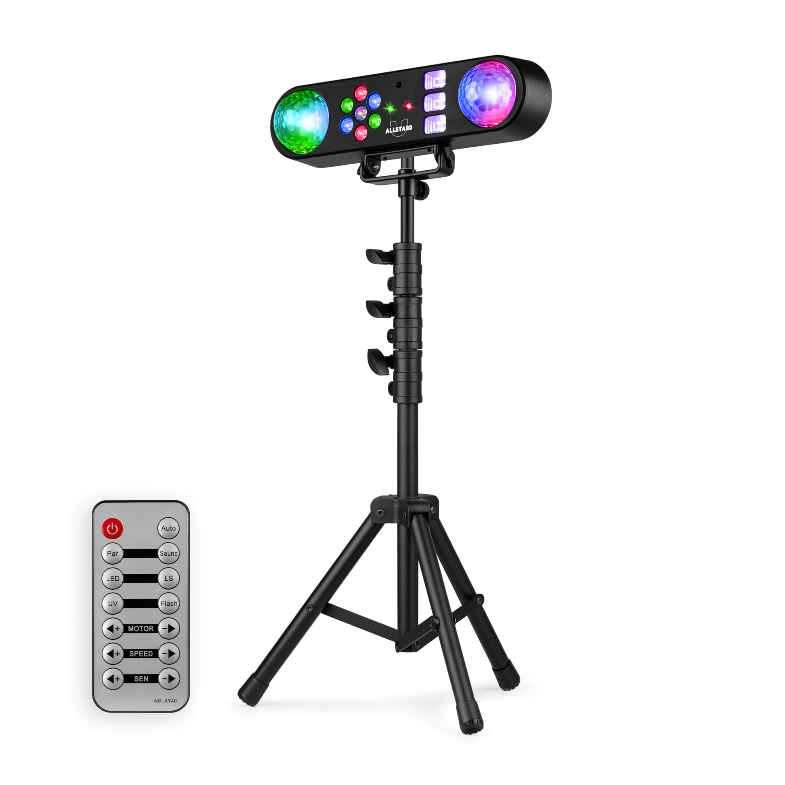 Fuzzix AllStar3 Party Bar - Barra de luces LED RGB con Jelly Ball giratorias, efecto wash, estroboscópico UV/blanco, control remoto, trípode ajustable y modo automático o musical