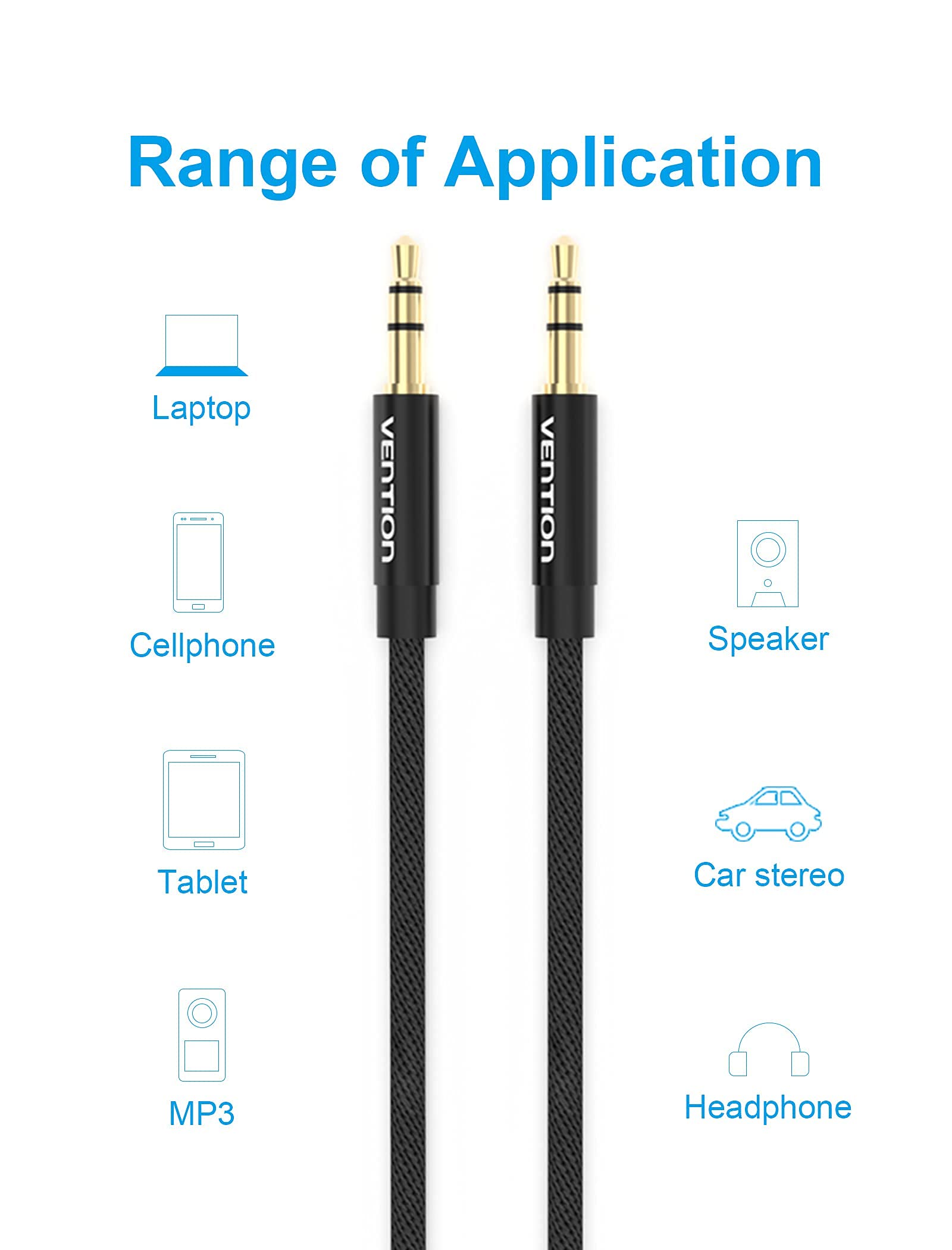 VENTION 3.5mm Audio Cable 3ft, Male to Male Stereo Auxiliary Cord - Hi-Fi Sound, Gold Plated Connector, Black Braided Design - Compatible with Car Jack, Headphones, Speaker, Tablets, iPad