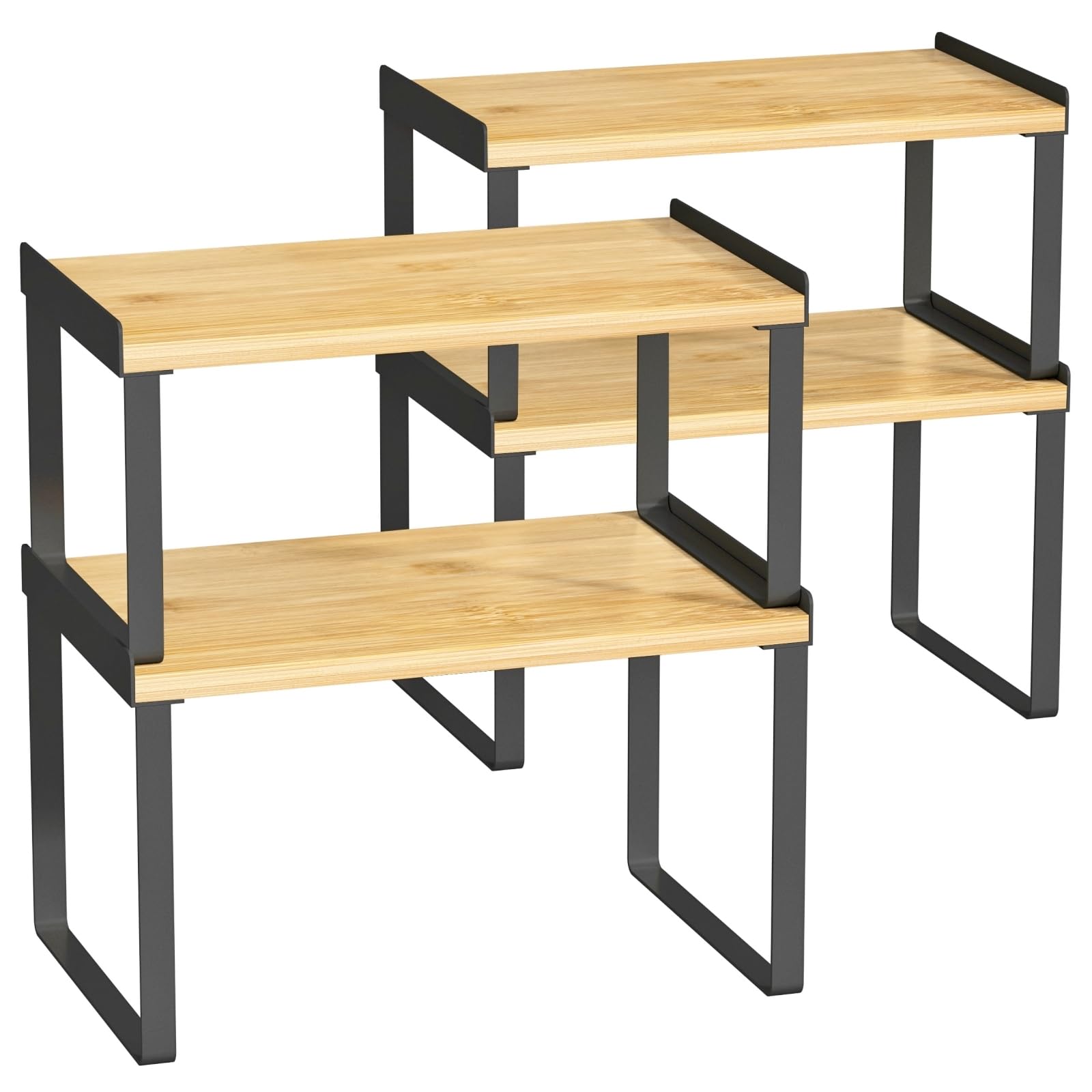 Goozii Cabinet Shelves Organizer, Kitchen Counter Shelf Risers for Cabinets Set of 4, Stackable Countertop Storage Shelves Rack for Pantry Cupboard, Bathroom Corner, Office Desk (Bamboo, Black)