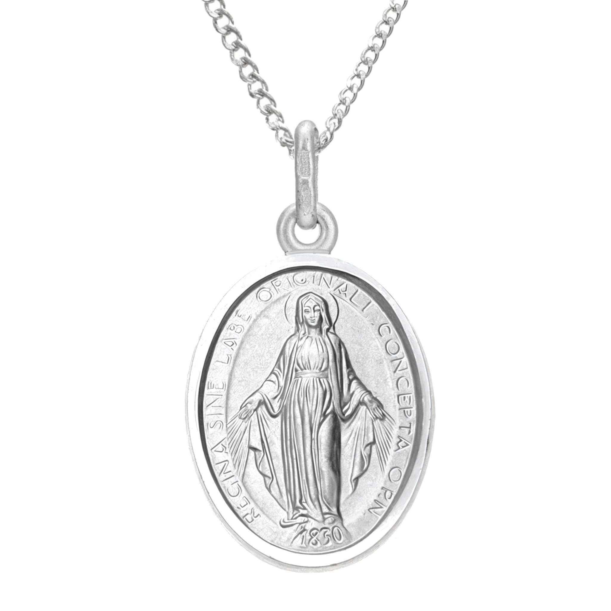 Medalla Colgante de Plata de Ley de la Virgen Milagrosa, con Cadena 18 pulgadas - 16 mm.