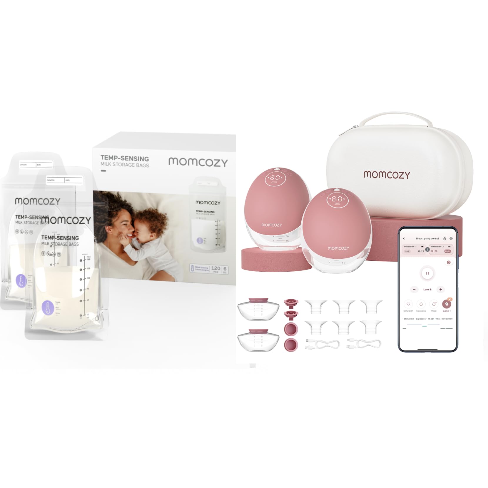 Momcozy Sachets de Congélation Lait Maternel 180mL - Lot de 120 &Momcozy Tire-Lait Electrique Main Libre Portable,M9 Amélioré, 24mm (2, Rouge)