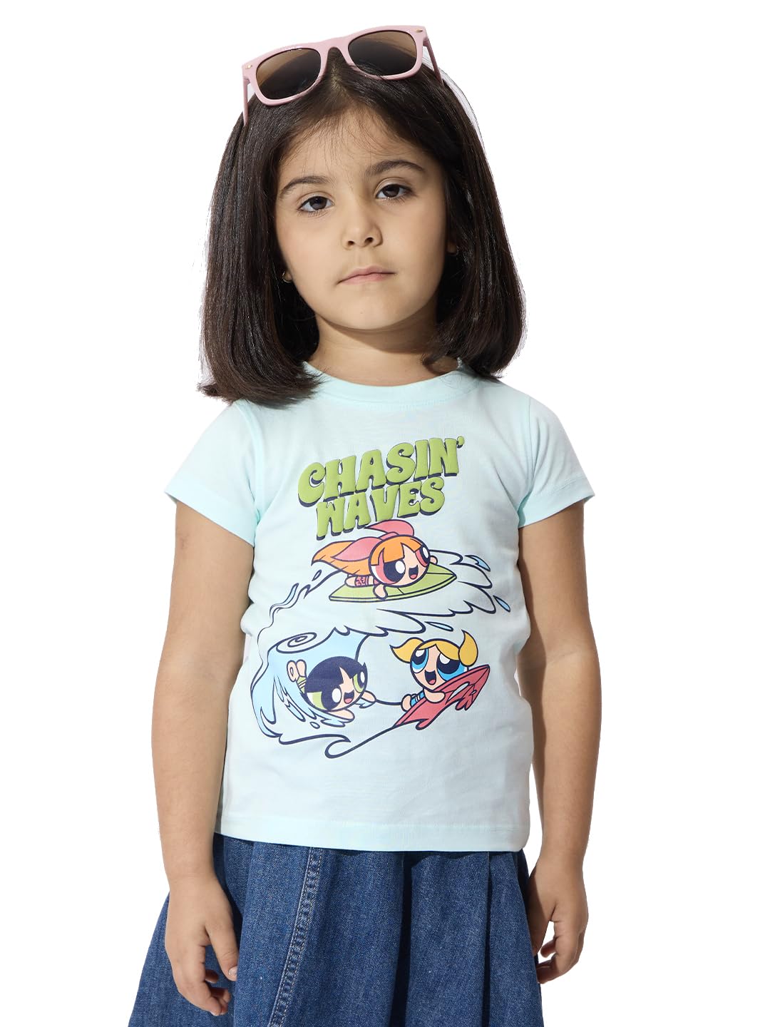 The Souled Store Powerpuff Girls Chasin' Waves Niñas Manga Corta Cuello Redondo Azul Gráfico Impreso Regular Fit Algodón Camisetas