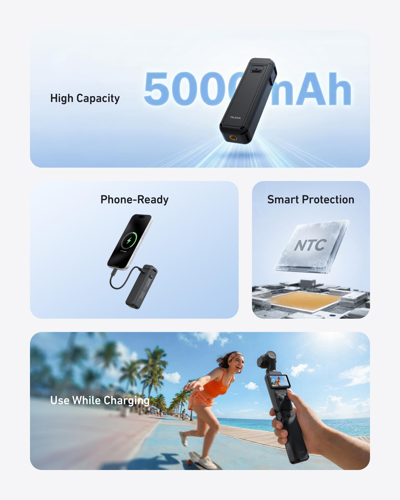TELESIN Poignée Batterie pour DJI Osmo Pocket 4/3, Batterie 5000mAh Haute Capacité, Grip Powerbank 1.3X Autonomie Étendue, Support Trépied Vlogging, Accessoire Portable pour Voyage, Vlog