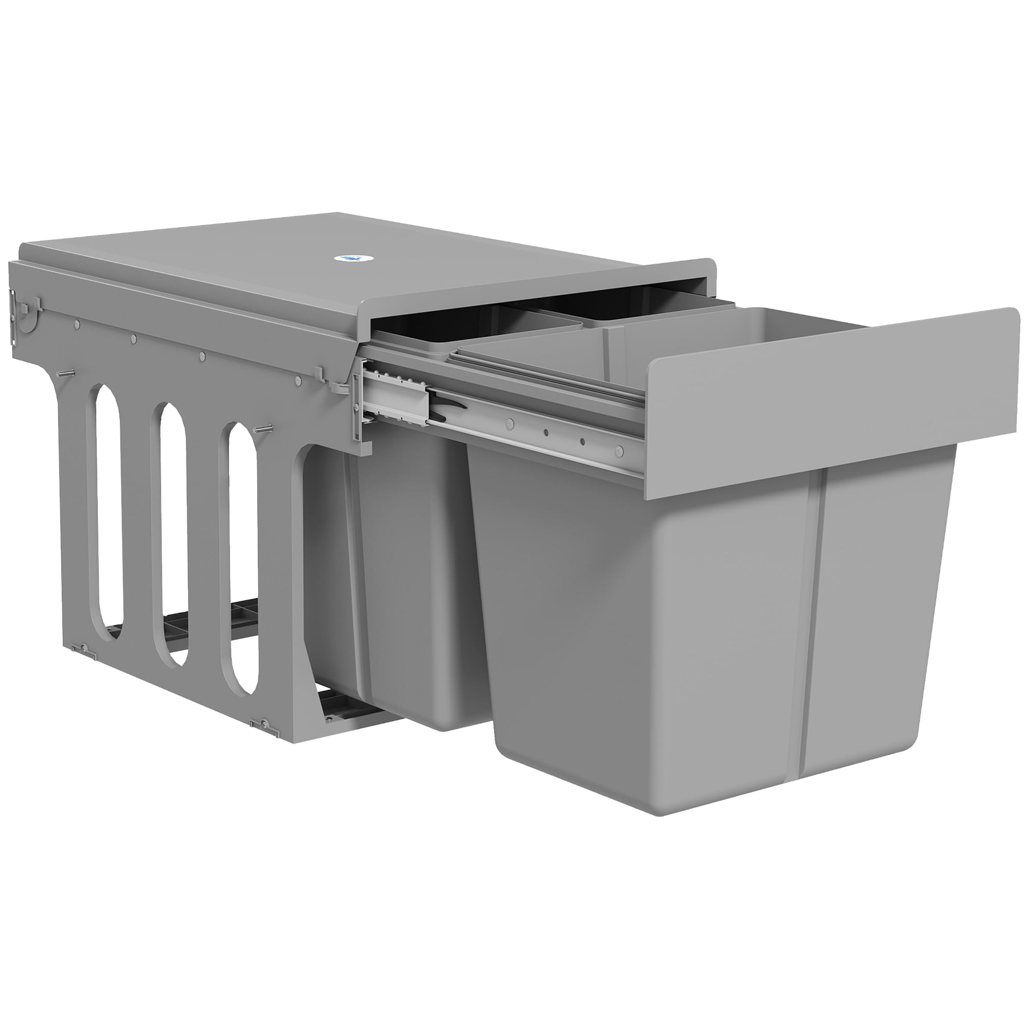 HOMCOM Pattumiera Estraibile Sottolavello 48x34.3x35.1 cm Grigio Chiaro | per Raccolta Differenziata 31L, Bidone Rifiuti, 3 Secchi Rimovibili, con Piano Superiore
