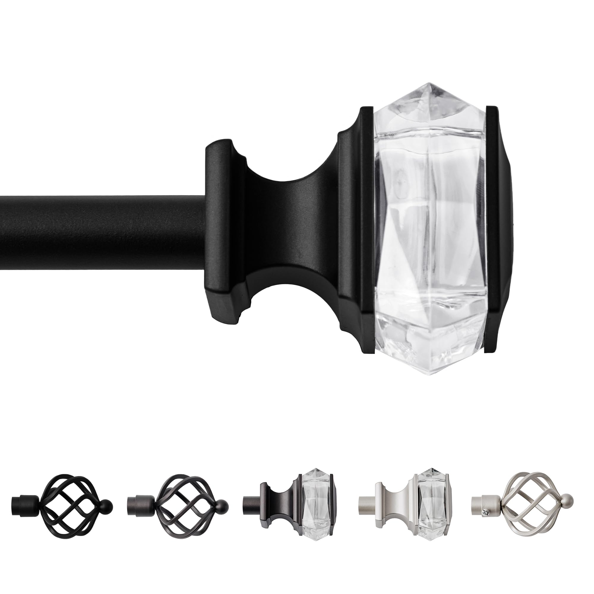 Sharpliving Long Curtain Rod 66 to 120 Inches for Living Room Window with Brackets, 1 Pack 3/4 Inch Diameter Black Steel Tube with Crystal-look Square Finials, Window Drape Rods for Bedroom Curtains
