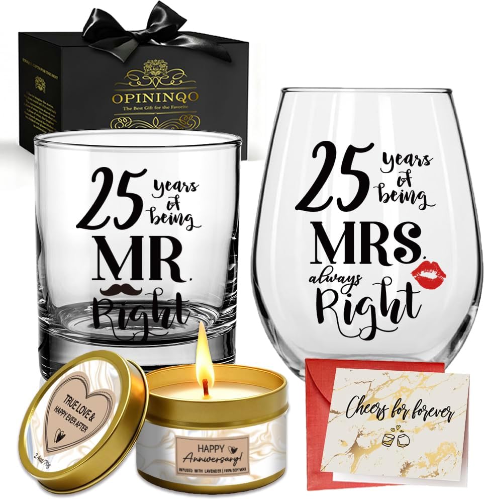 25th Anniversary Glass Gifts Set - 25 Years of Being Mr Right & Mrs Always Right Wine Glass Present for Him Her, Happy 25th Wedding Anniversary for Wife Husband Couple Parents Grandparents