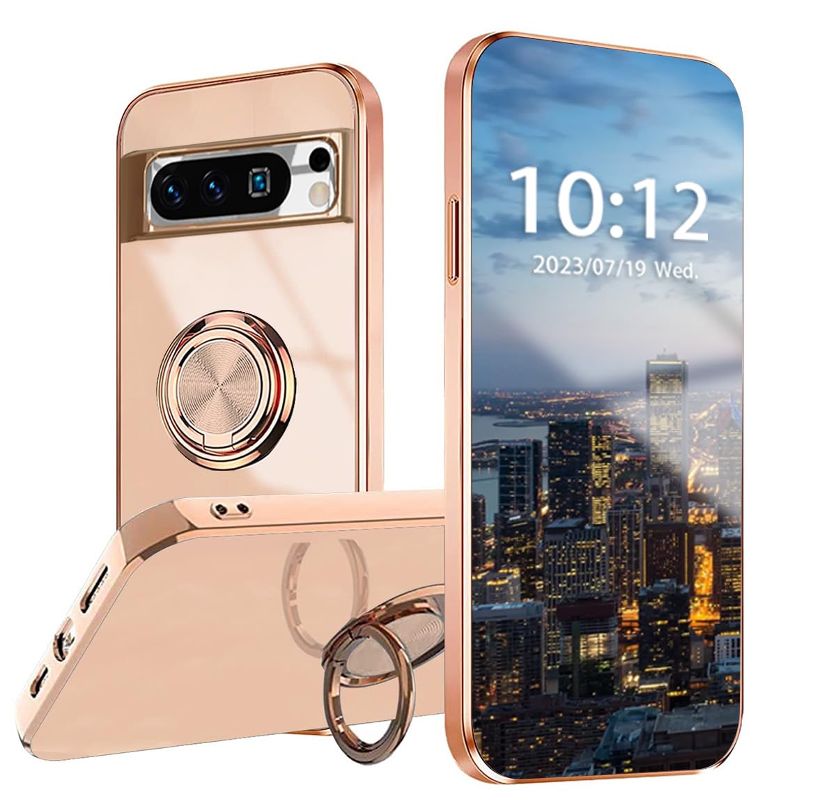 WBWONE Cover Per Google Pixel 8 Pro Con Anello Girevole E Supporto - Custodia Morbida TPU Bordo Dorato, Antigraffio Antiurto, Viola