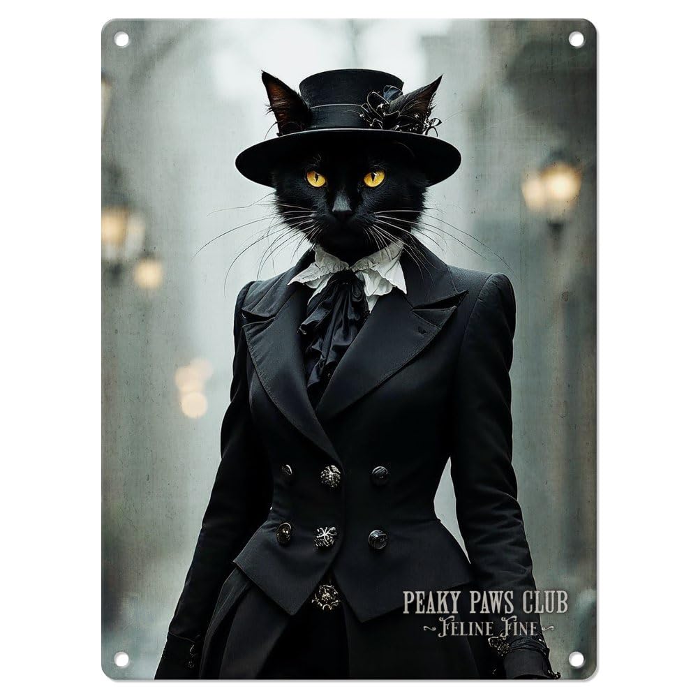 Small (150 x 200mm) Metal Sign - Peaky Paws Club - Feline Fine (Black Cat)
