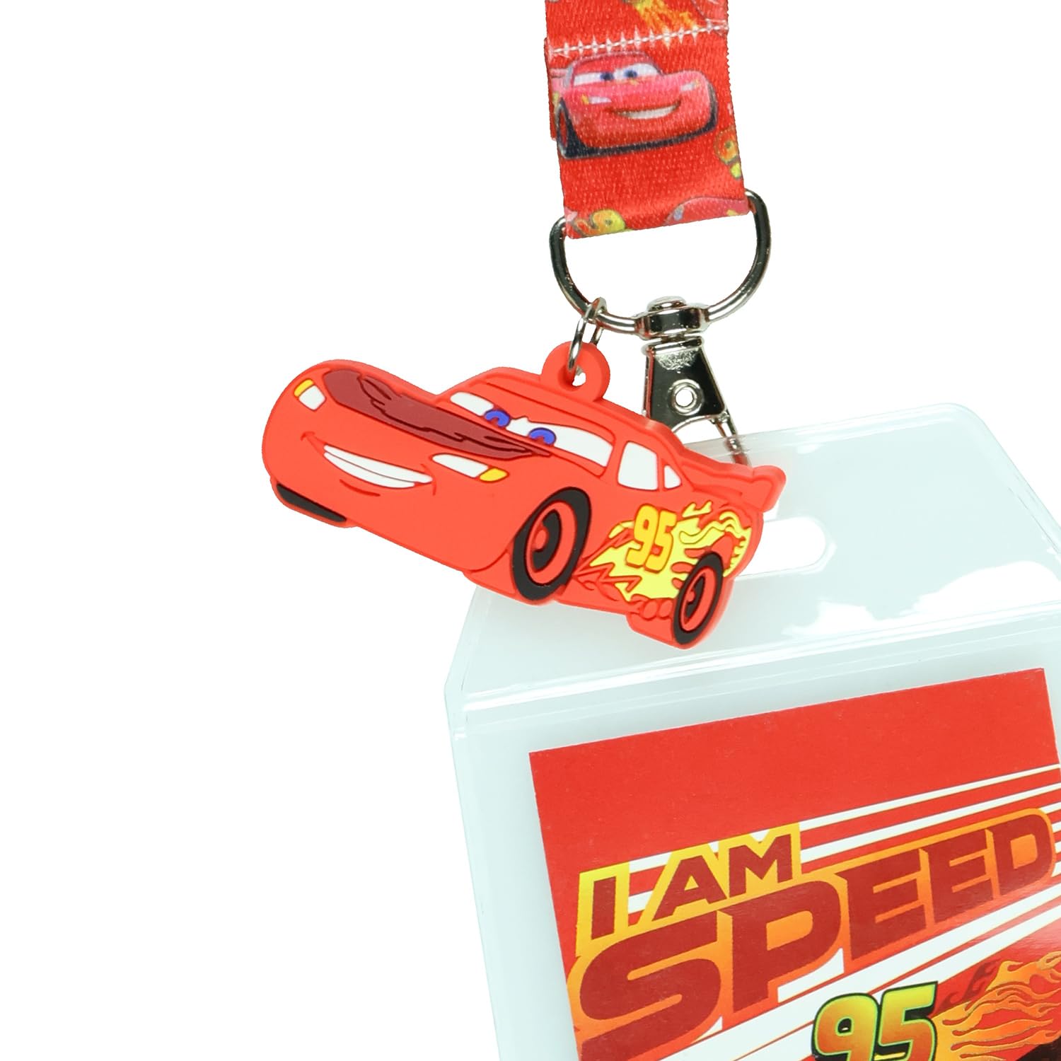 Disney Cars Lightning McQueen Schlüsselband mit transparentem Ausweishalter und 5,1 cm Rennwagen-Anhänger aus Gummi
