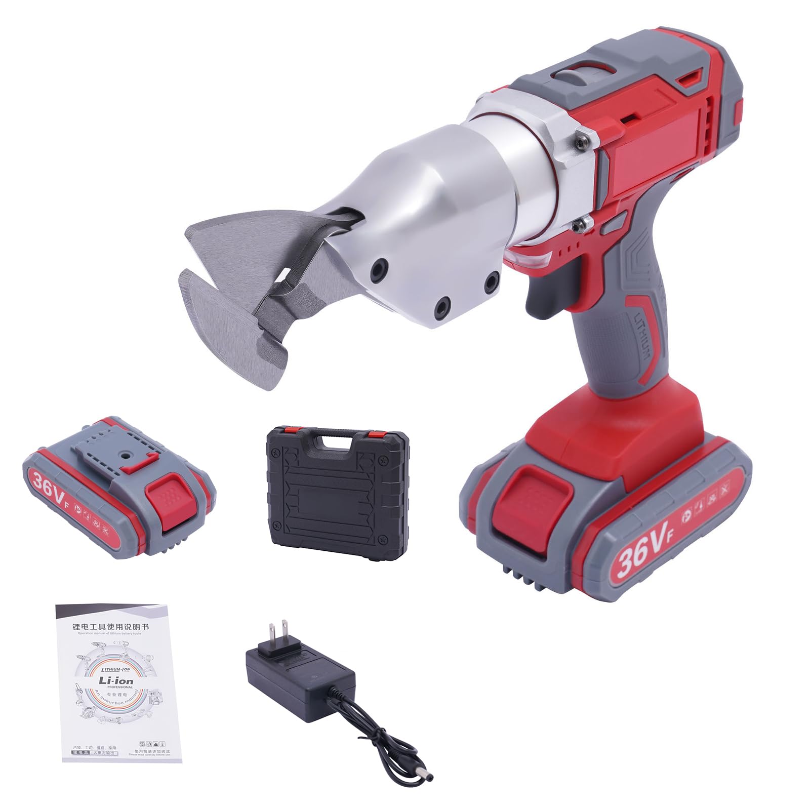 Electric Metal Shearsr, 36V Cordless Metal Shears, Speed Swivel Head Electric Metal Cutter Shear for Cutting Sheet Iron (1300r/m, 3000mAh,2 Batteries,1 Charger) Red