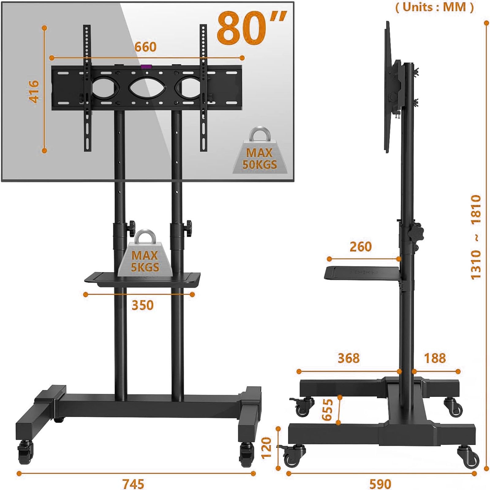 Supporto da pavimento per TV LCD - Carrello TV mobile con ruote, carrello TV regolabile in altezza, per la maggior parte dei televisori piatti e curvi da 32" a 80",