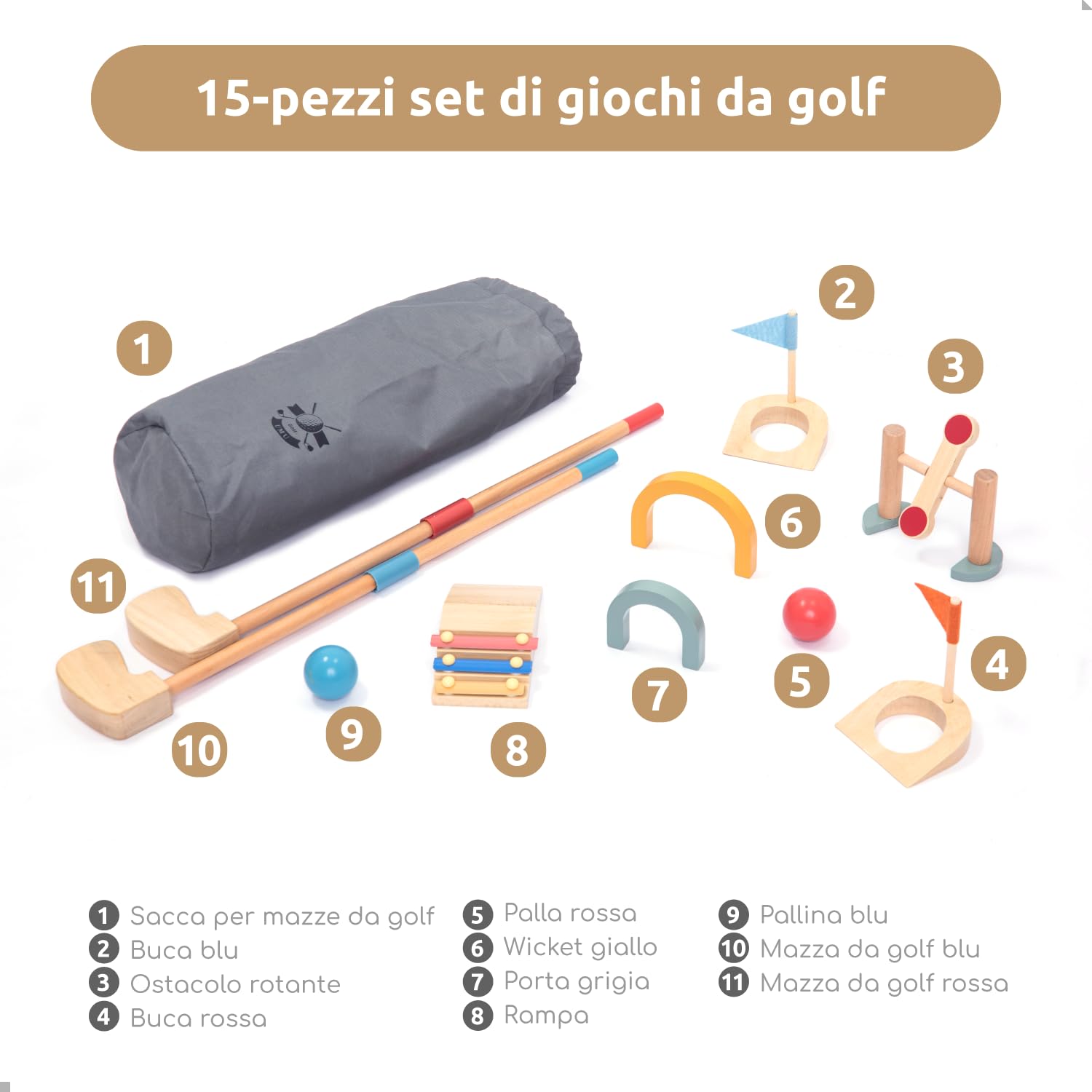umu® Set Mini Golf in Legno per Bambini - 6 Ostacoli, per Interni ed Esterni, Set da Golf con Palline e Mazze da Golf, Giocattolo educativo Creativo per Ragazzi e Ragazze dai 3 4 5 6 Anni in su