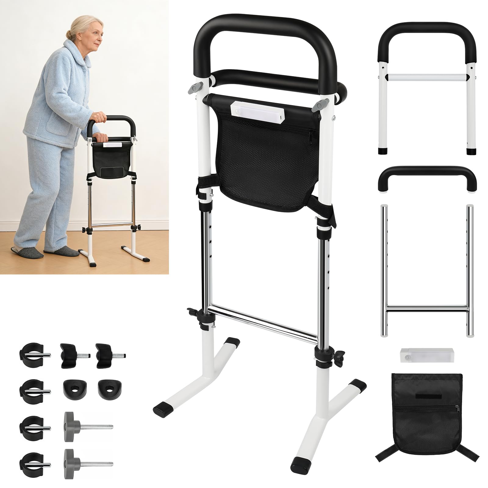 Soporte de Ayuda para Levantarse para Personas Mayores con Barandales Duales, Ayuda de Pie con Luz con Sensor y Bolsa, Altura Ajustable (72-87cm), para Inodoro, Cama y Sofá, Capacidad 136kg