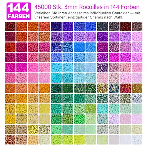 Image of Dazhqp 144 Colours Glass Beads, 3 mm, Pack of 45000 Beads for Bracelets