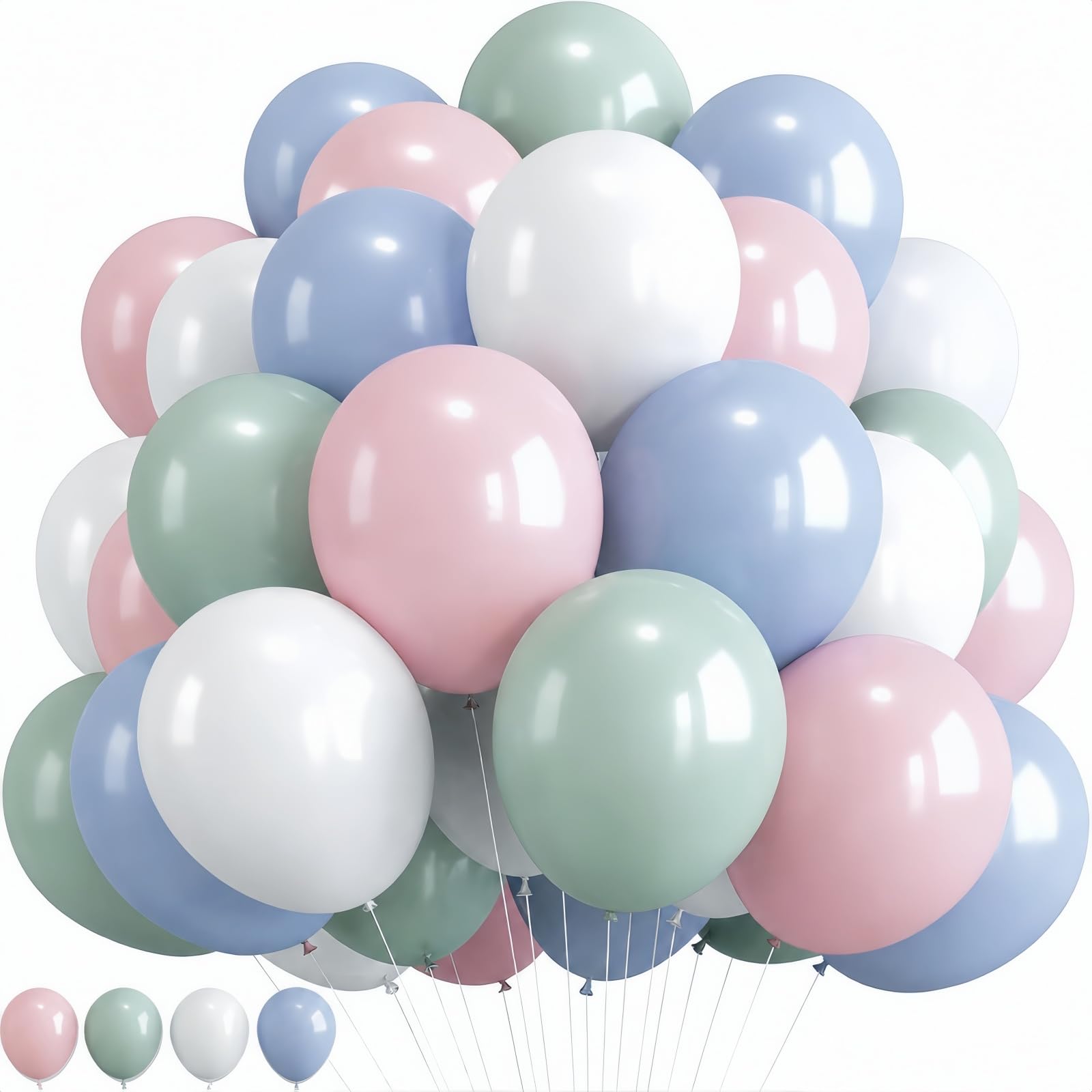 Pastelowe niebieskie zielone różowe białe balony, stonowane tęczowe zakurzone różowe niebieskie szałwiowe zielone białe lateksowe kolorowe balony na ślub boho urodziny baby shower ujawnienie płci las