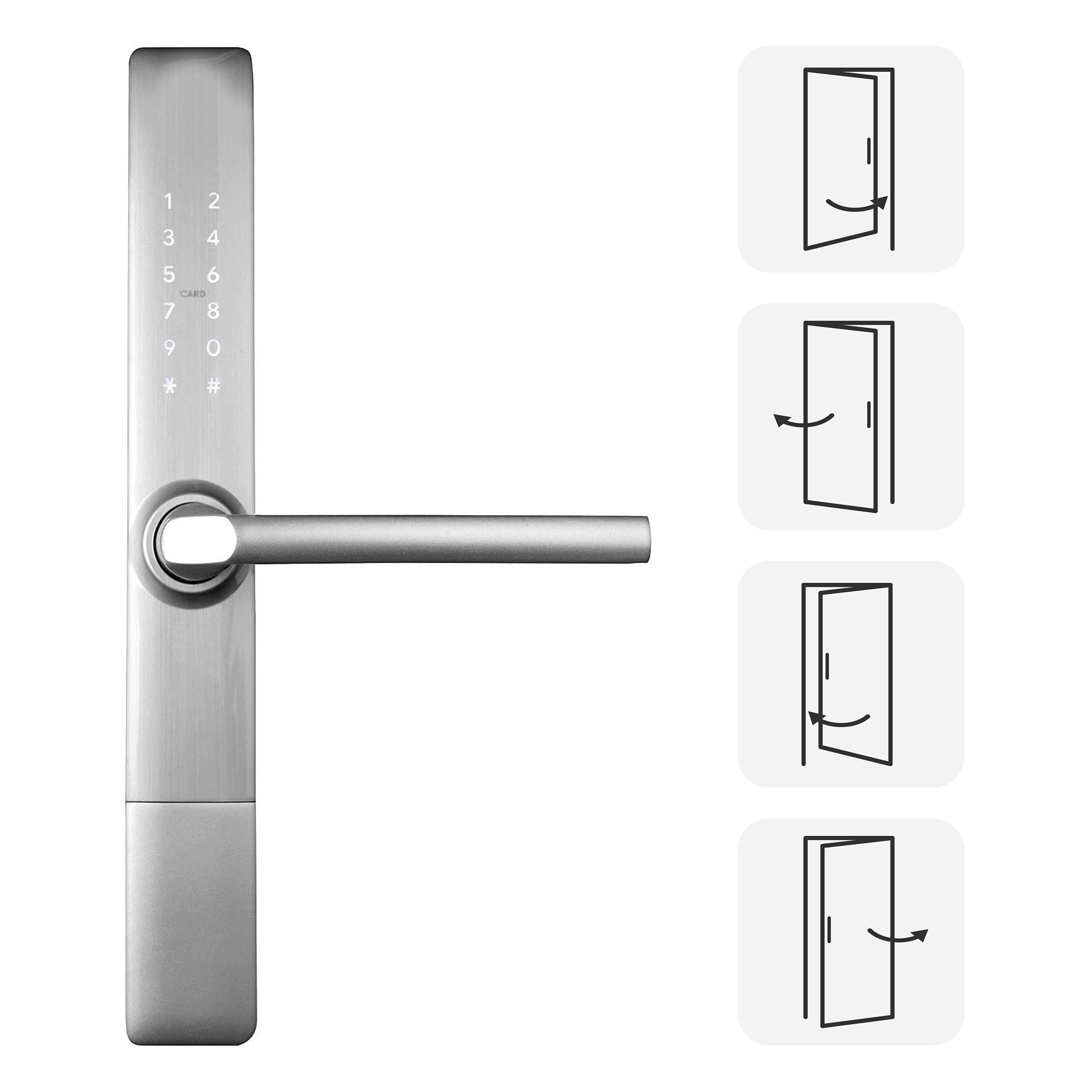 EURA ELH-71H4 Cerradura de puerta inteligente delgada con manija Cerradura combinada de 13,56 MHz Lector de proximidad IP65 Espaciado universal entre pernos más plata