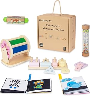 WOODENFUN Montessori Toy Set Children's Enlightenment Wooden Toy 6 Pieces Set with Stack Toy, Rain Drum, Rotating Drum, 1 Year Children's Gift Bag (Set 1)