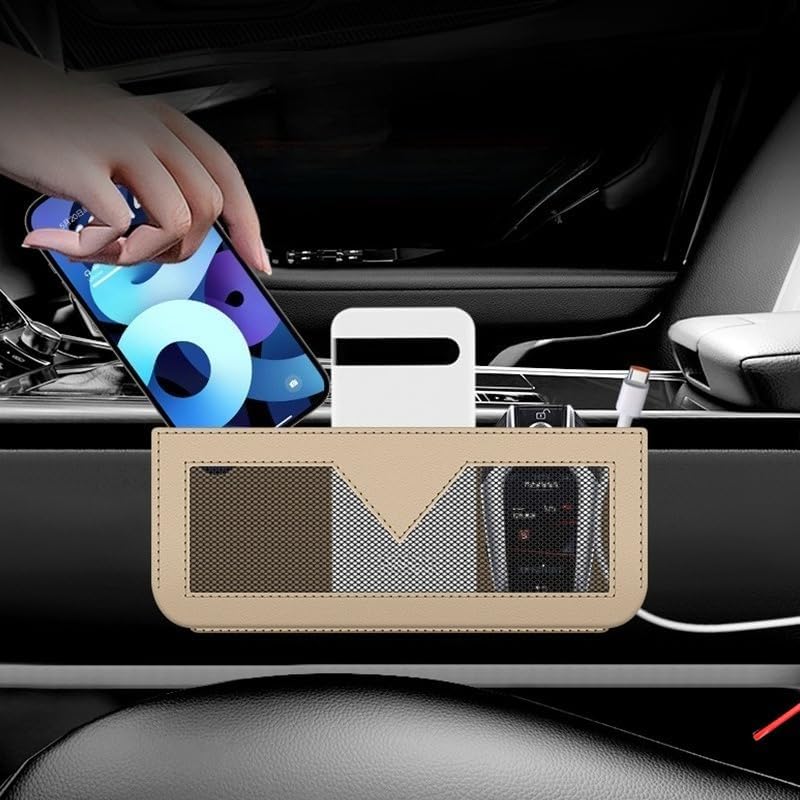 Car Storage Net Pocket - Multi-Function Hanging Organizer, Universal Phone Holder & Storage Pouch for Interior Organization (Beige)