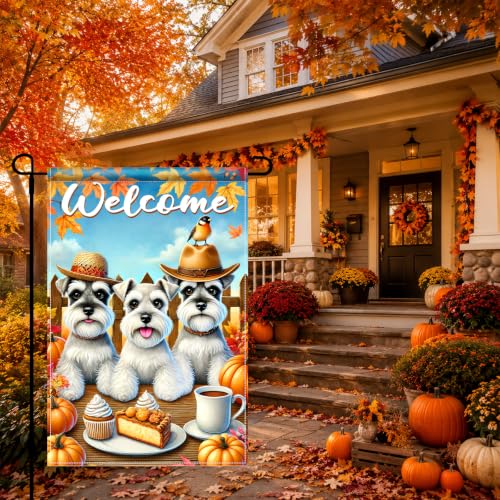 Image of BlissYard Fall Garden Flag Schnauzer Dogs Welcome Pumpkin 12x18 Inch Decor | Double sided polyester, fall Schnauzer dogs design, cozy dog lover decor for porch and yard