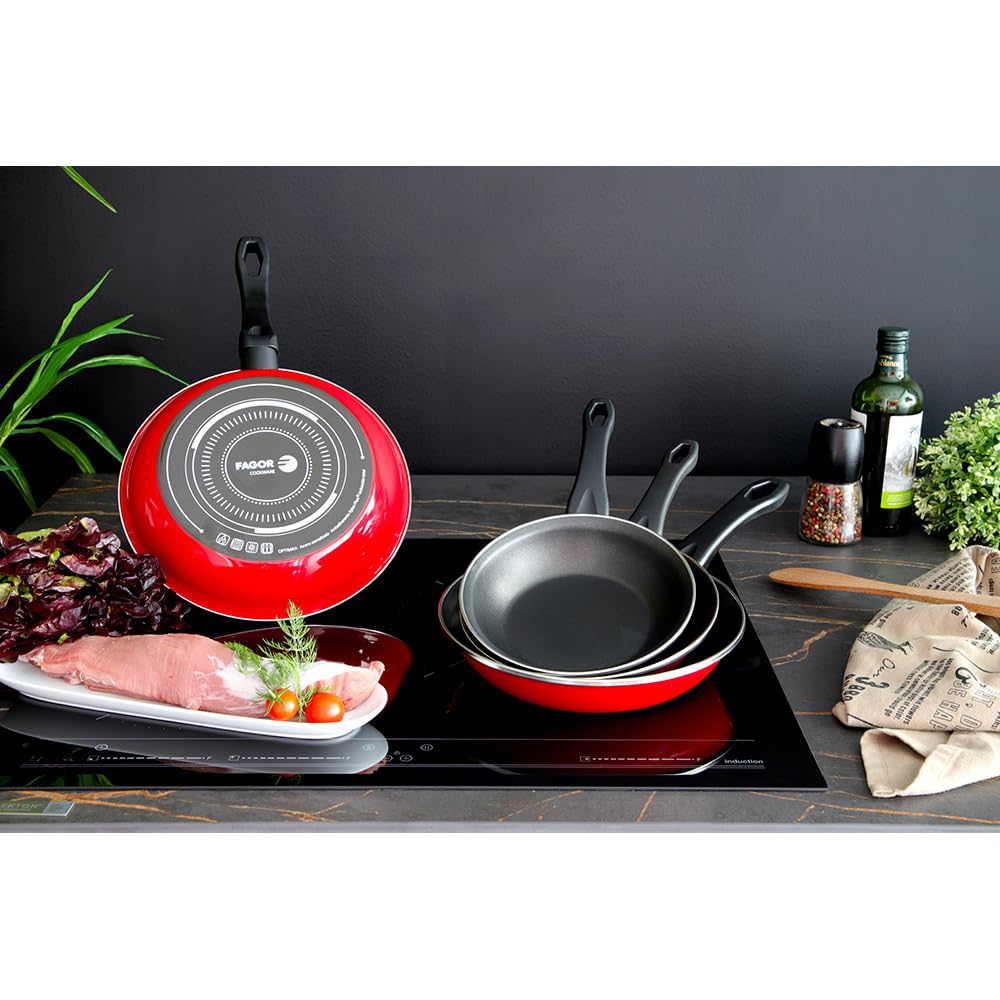 FAGOR Set 3 UD SARTENES OPTIMAX 20CM, 24CM Y DIAM.28CM Rojo Mate, Aplica, Unisex Adulto