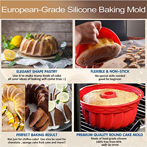 Aokinle Silicone Baking Molds 2-Pack, European Grade Fluted Round Cake Pan, Non-Stick Cake Pan for Jello,Buntcake,Gelatin,Bread, 9.45 Inches Tube Bakeware Red