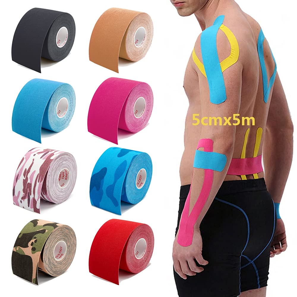 LTLCLZ 5M Kinesiology Tape Muscle Bandage Sports Cotton Elastic Adhesive Strain Injury Tape Knee Muscle Pain Relief Stickers,Pink camo,High 7.5CM