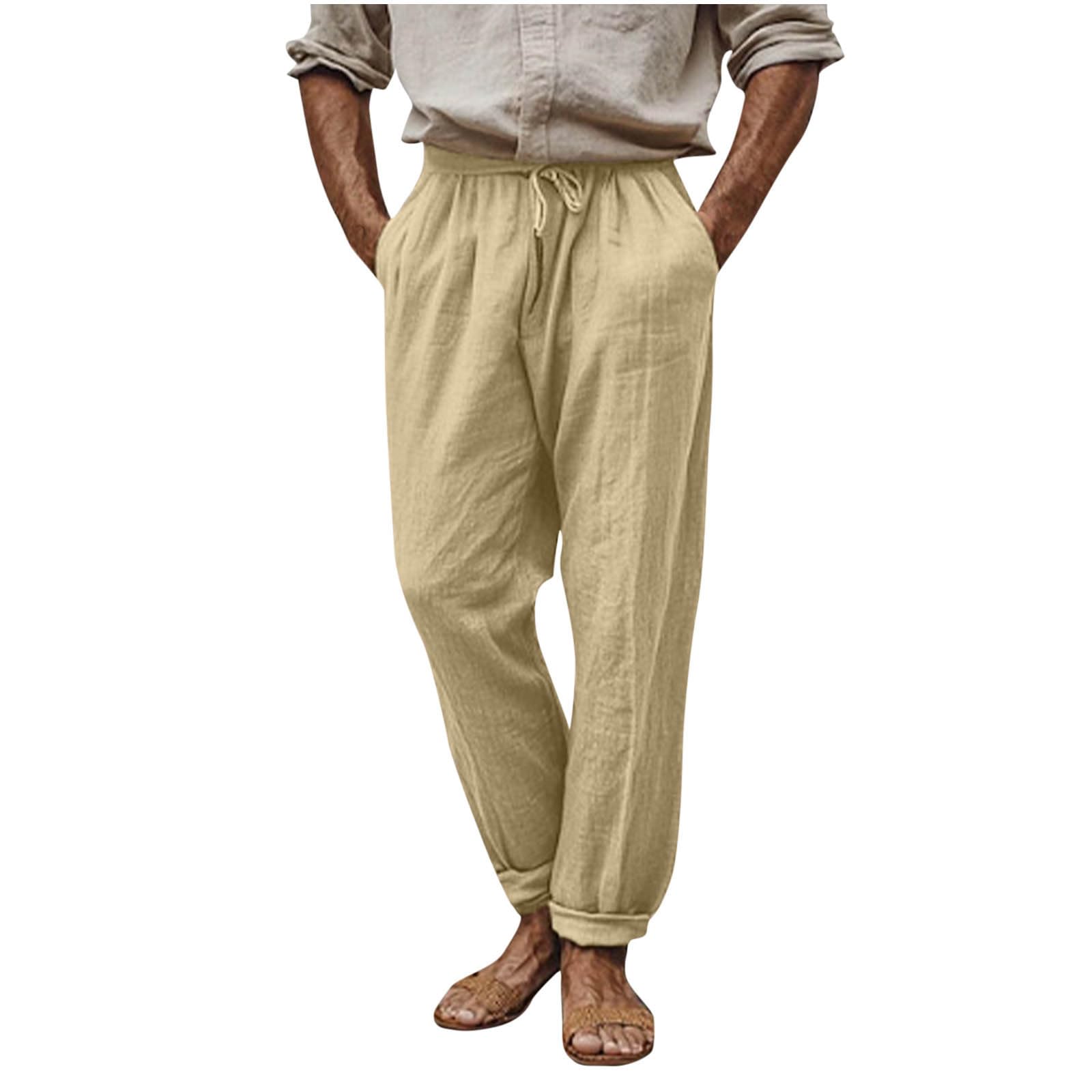 Sinzelimin Mens Linen Pants Plus Size Fashion Solid Color Elastic Waist Loose Comfy Versatile Leisure Wide Leg Sweatpants