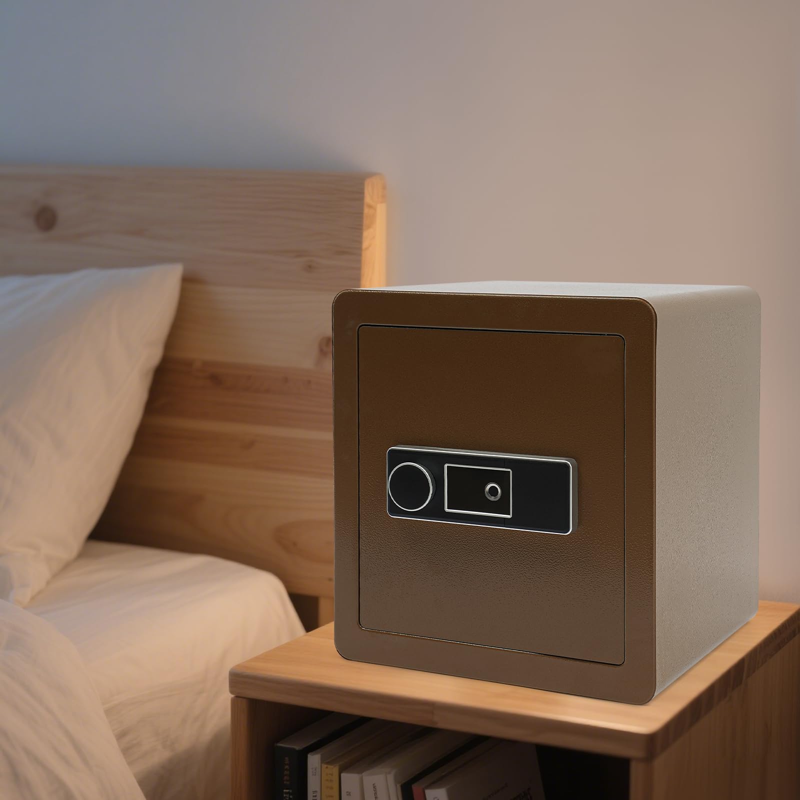 Cassaforte Biometrica 45 L Cassaforte di sicurezza con impronte digitali in acciaio, ripiano rimovibile, chiave di emergenza inclusa, 16 impronte per casa e ufficio (caffè dorato)