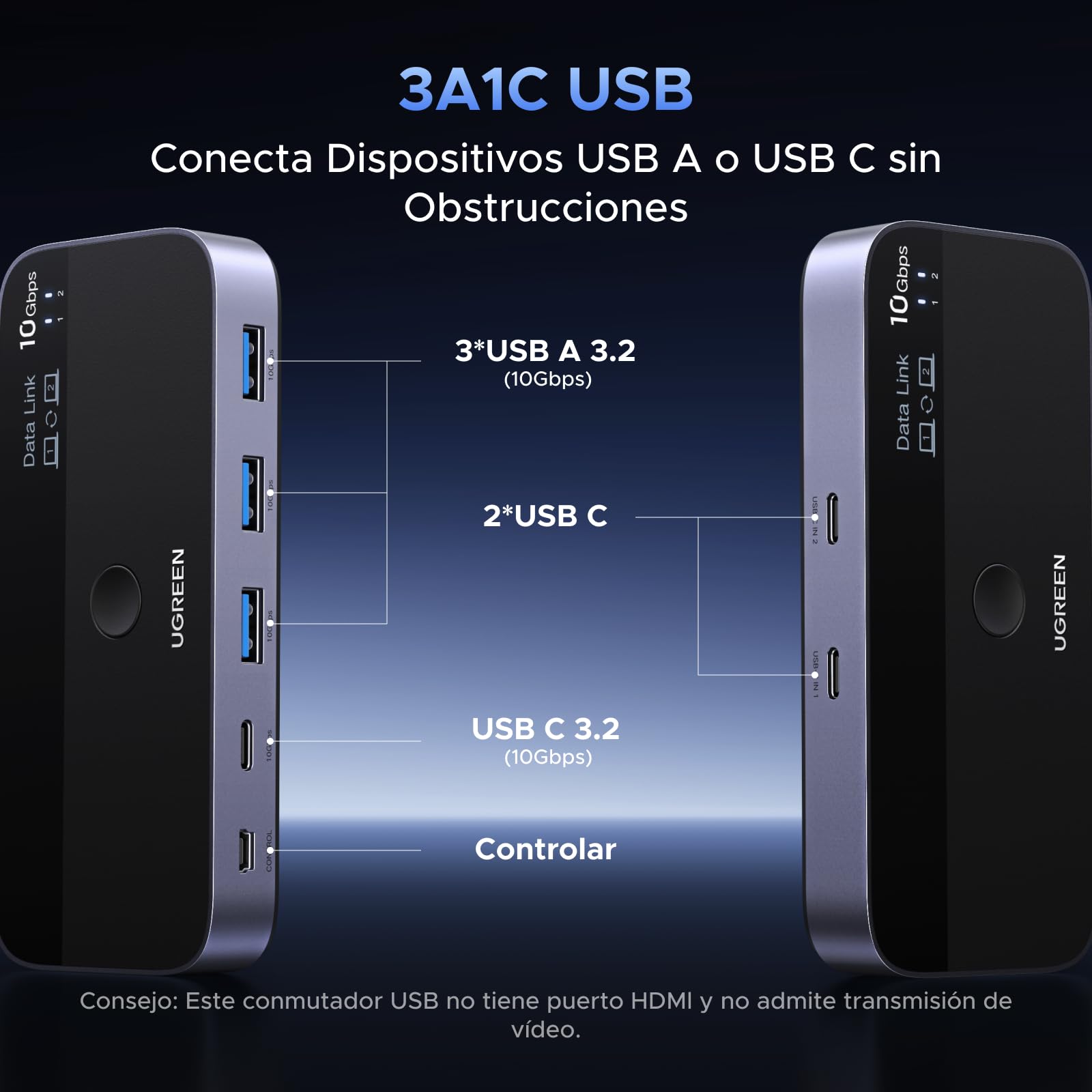 UGREEN Switch USB C 3.2 10Gbps Comutador KVM Puertos para 2 PC Entradas 4 Salidas Sincronización de Archivos para Teclado Ratón con Controlador del Escritorio e Incluye Cables