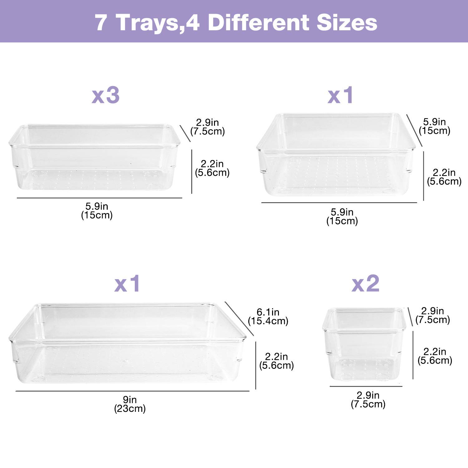 Puricon 7 Pcs Desk Drawer Organizers Trays Set Clear Plastic Storage