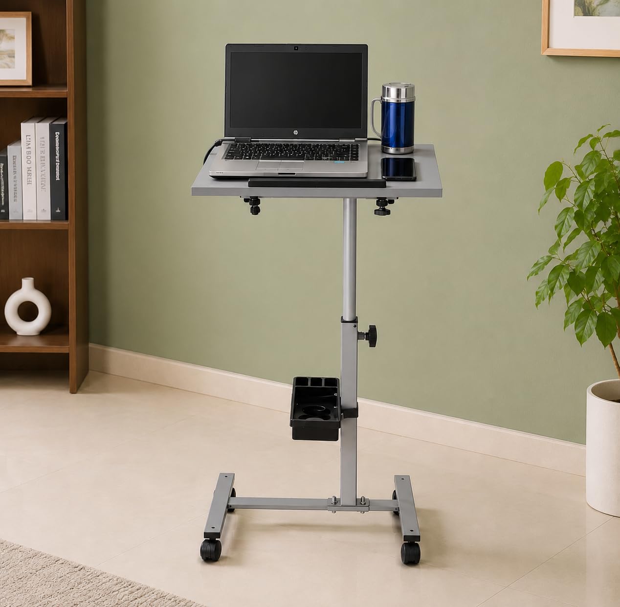 Isomars Engineered Wood Standing Table Multipurpose Laptop Table Study Desk, Lockable Wheels, & Adjustable Height and Angle for Breakfast, WFH & Online Classes Sit Stand Desk(Grey)-image-6
