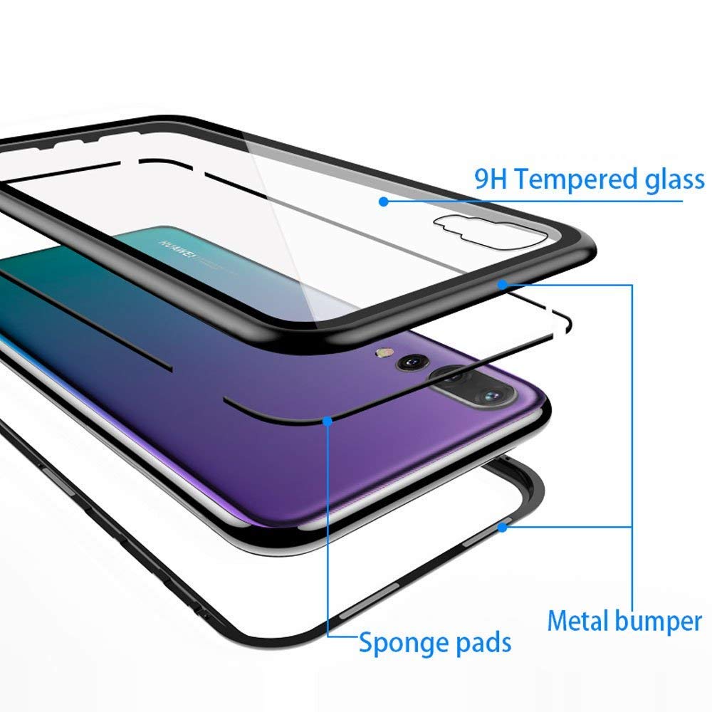Cover per Huawei Mate 20 Pro,Custodia ad Assorbimento Magnetico Ultra Sottile Trasparente Vetro Temperato con Cover Metallo Magnetica Integrata Case,per Huawei Mate 20 Pro,Argento Trasparente